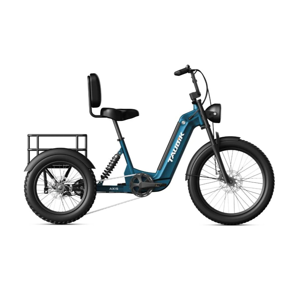 Taubik Axis electric trike in Gentian Blue, side view on white, with the rear basket and backrest saddle (Taubik photo) — Zeus eBikes Canada