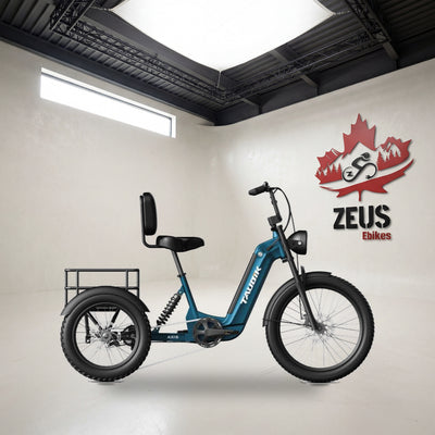 Taubik Axis full-suspension electric trike in Gentian Blue: Taubik's own photo set in the Zeus eBikes studio — Zeus eBikes Canada