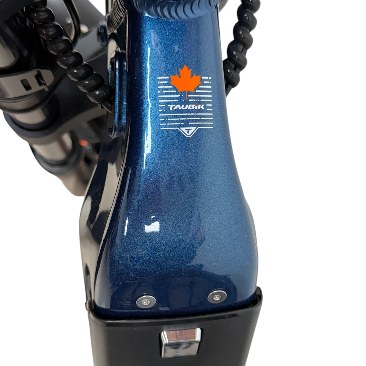 Taubik Axis maple-leaf Taubik head badge on the Gentian Blue head tube (Taubik photo) — Zeus eBikes Canada