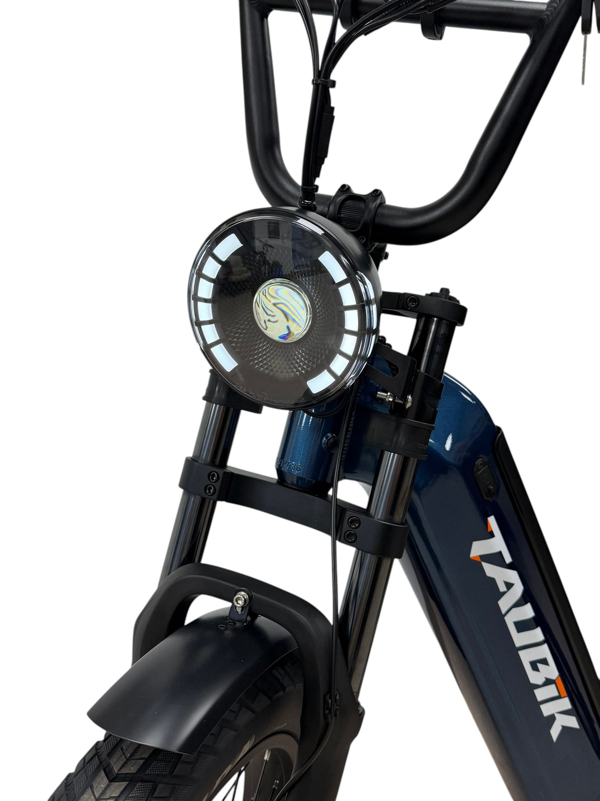 Taubik Axis headlight with its LED ring, handlebar and front fork, Gentian Blue frame (Taubik photo) — Zeus eBikes Canada