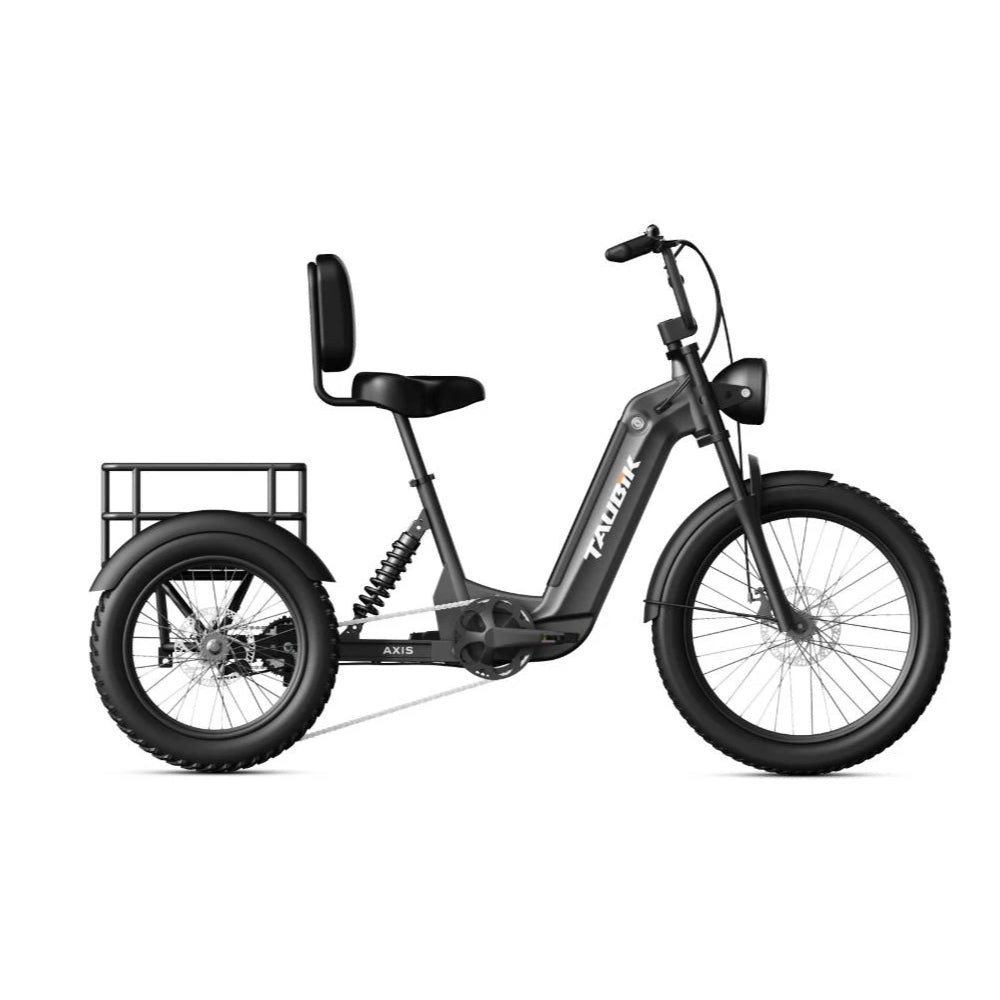 Taubik Axis electric trike in Matte Black, side view on white, with the rear basket and backrest saddle (Taubik photo) — Zeus eBikes Canada
