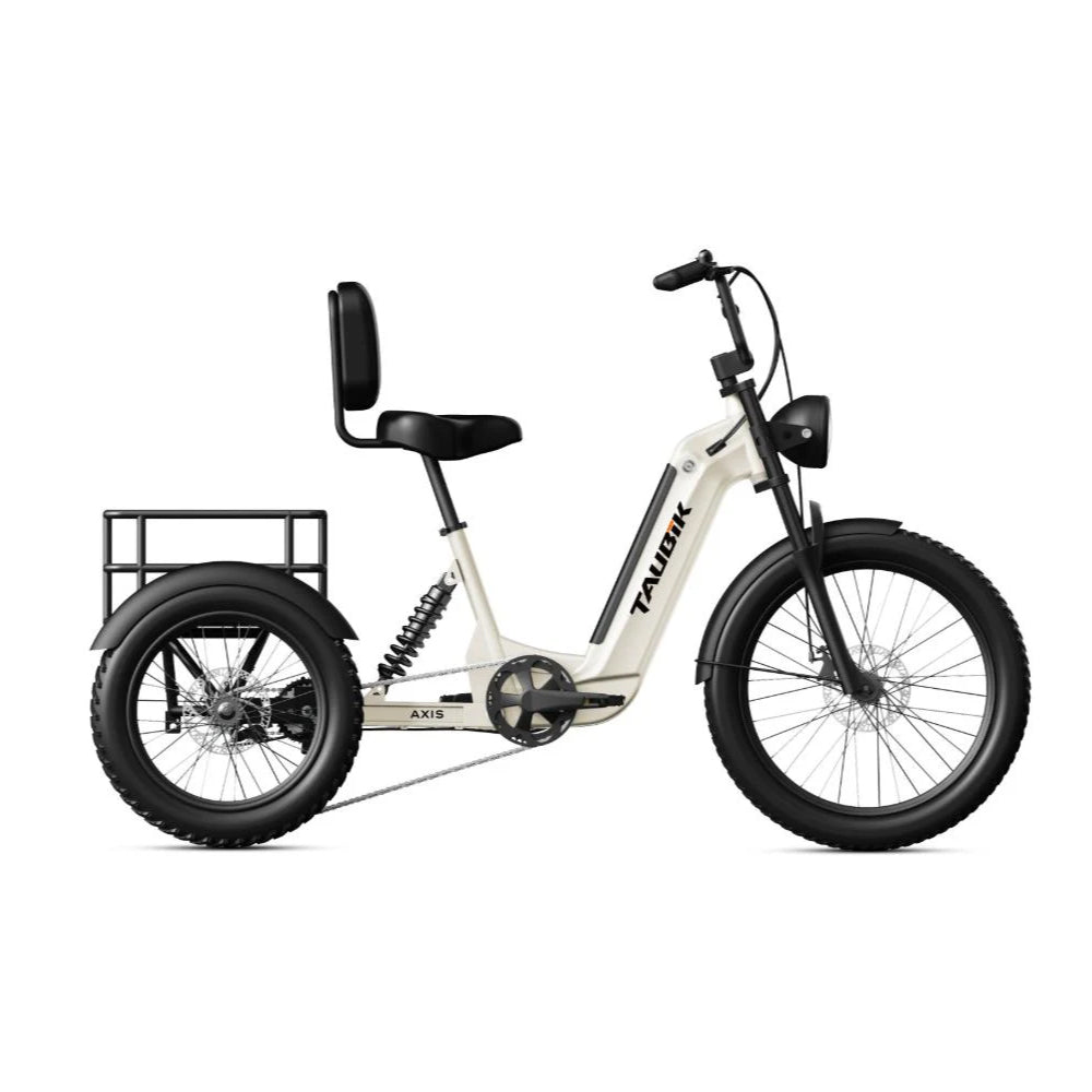 Taubik Axis electric trike in Traffic White, side view on white, with the rear basket and backrest saddle (Taubik photo) — Zeus eBikes Canada