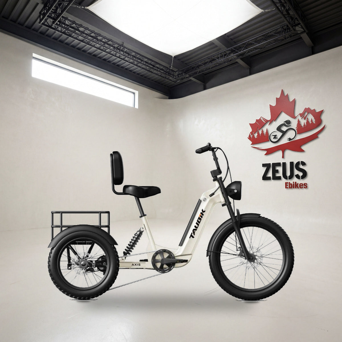 Taubik Axis full-suspension electric trike in Traffic White: Taubik's own photo set in the Zeus eBikes studio — Zeus eBikes Canada