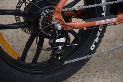 Shimano Altus derailleur, cassette and CST BFT 20 x 4.0 tire on the magnesium-alloy rear wheel of the Taubik Escape S