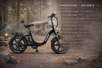 Taubik's dimension chart for the Escape S: seat tube 17.3 in (439 mm), wheelbase 46.7 in (1,186 mm), stack 20.2 in (513 mm), reach 18.8 in (478 mm)
