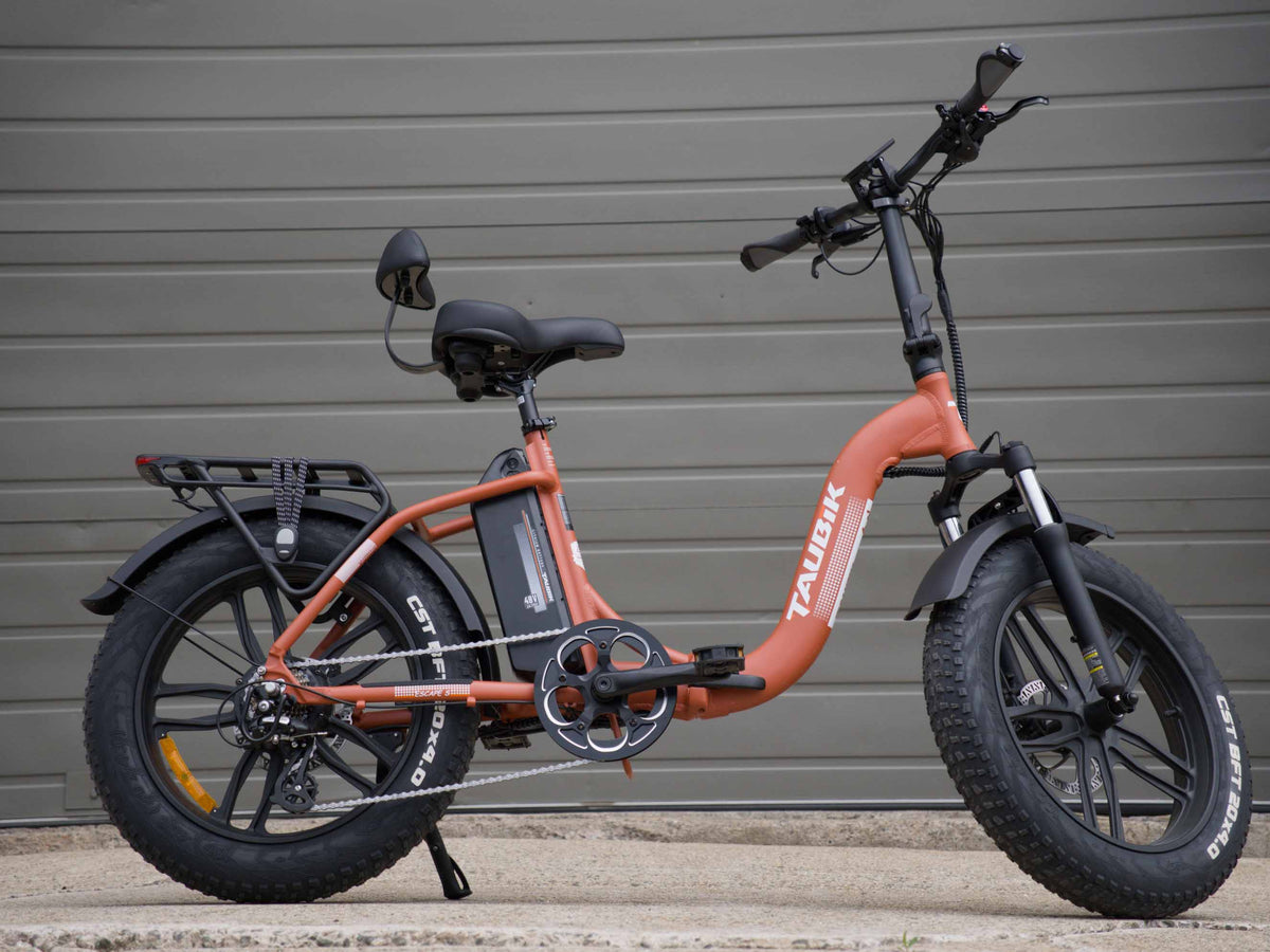 Taubik Escape S in Matte Clay Red, side view with rear rack, backrest saddle and front suspension fork