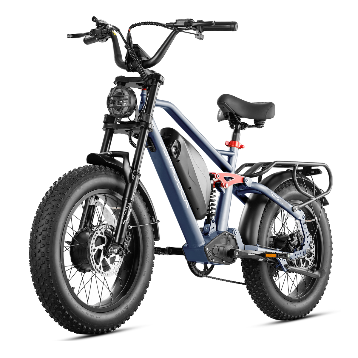 Eahora Terra II 2026 in Blue, front three-quarter view from the left with the rear suspension linkage — Eahora’s own photo