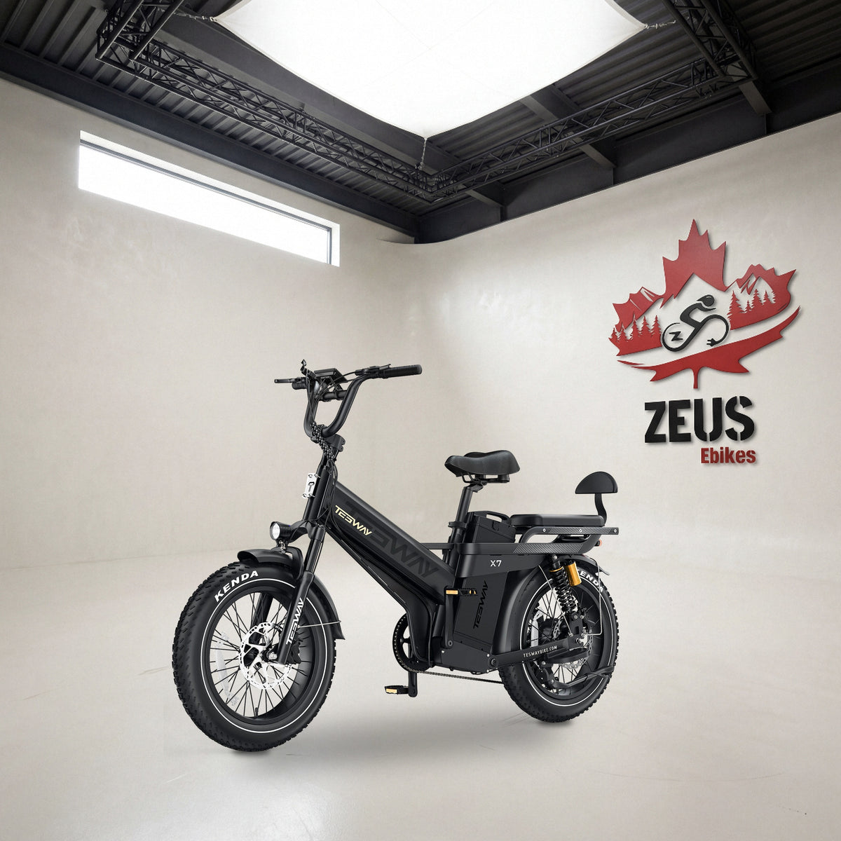 Tesway X7 Pro New in Black, front three-quarter view with the rear seat and backrest: Tesway's own photo of the bike, set in the Zeus eBikes studio