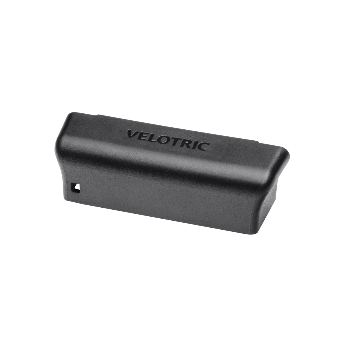 Velotric battery connector cover in black TPU, moulded with the Velotric logo
