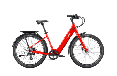 Velotric Breeze 1 in Classic Scarlet shown with the optional rear rack and fenders, sold separately — Zeus eBikes Canada