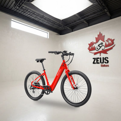 Velotric Breeze 1 step-through cruiser e-bike in Classic Scarlet: Velotric's own photo set in the Zeus eBikes studio — Zeus eBikes Canada