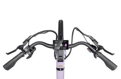 Velotric Breeze 1 cockpit from above: swept-back handlebar, 3.5-inch colour display and controls — Zeus eBikes Canada