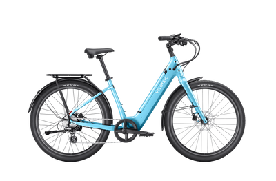 Velotric Breeze 1 in Ocean Mist shown with the optional rear rack and fenders, sold separately — Zeus eBikes Canada