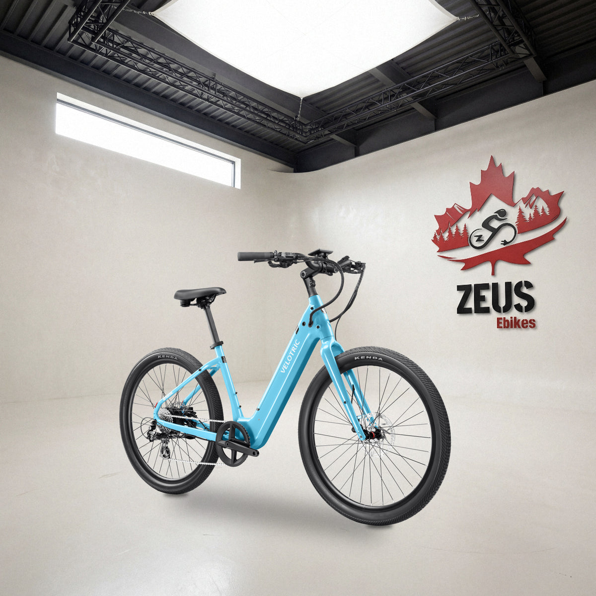 Velotric Breeze 1 step-through cruiser e-bike in Ocean Mist: Velotric's own photo set in the Zeus eBikes studio — Zeus eBikes Canada