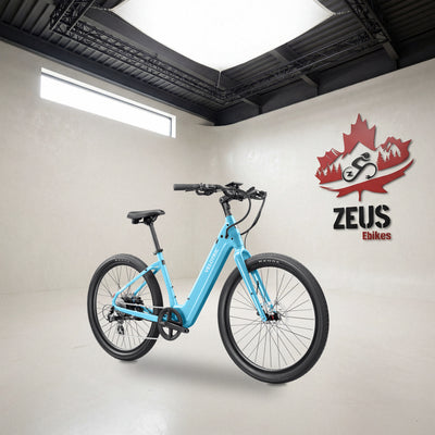 Velotric Breeze 1 step-through cruiser e-bike in Ocean Mist: Velotric's own photo set in the Zeus eBikes studio — Zeus eBikes Canada