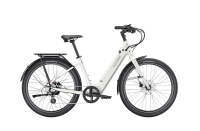 Velotric Breeze 1 in Satin White shown with the optional rear rack and fenders, sold separately — Zeus eBikes Canada