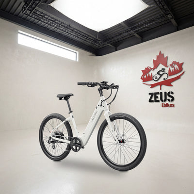 Velotric Breeze 1 step-through cruiser e-bike in Satin White: Velotric's own photo set in the Zeus eBikes studio — Zeus eBikes Canada