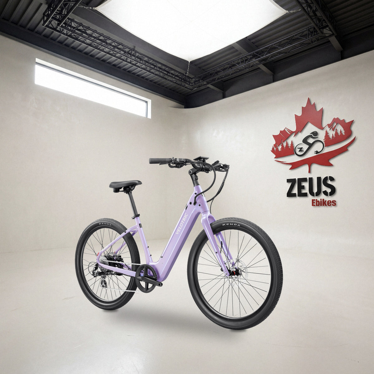 Velotric Breeze 1 step-through cruiser e-bike in Violet Haze: Velotric's own photo set in the Zeus eBikes studio — Zeus eBikes Canada