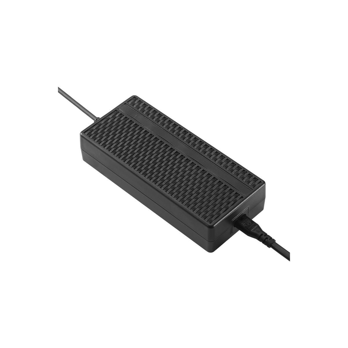 Velotric eBike battery charger, a black ribbed brick style charger with output cable