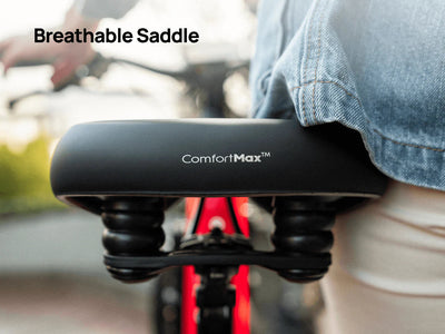 Velotric Discover 3 ComfortMax saddle on its suspension seatpost, close-up (Velotric photo) — Zeus eBikes Canada
