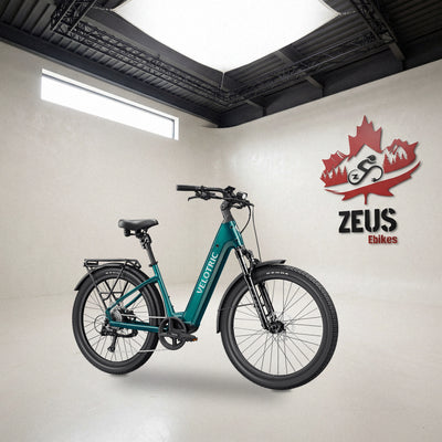 Velotric Discover 3 step-through commuter e-bike in Emerald Green: Velotric's own photo set in the Zeus eBikes studio — Zeus eBikes Canada