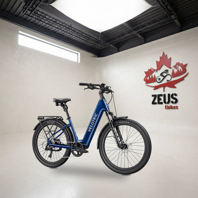 Velotric Discover 3 step-through commuter e-bike in Lemans Blue: Velotric's own photo set in the Zeus eBikes studio — Zeus eBikes Canada
