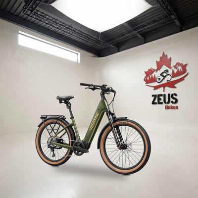 Velotric Discover M mid-drive step-through e-bike in Olivine Green: Velotric's own photo set in the Zeus eBikes studio — Zeus eBikes Canada