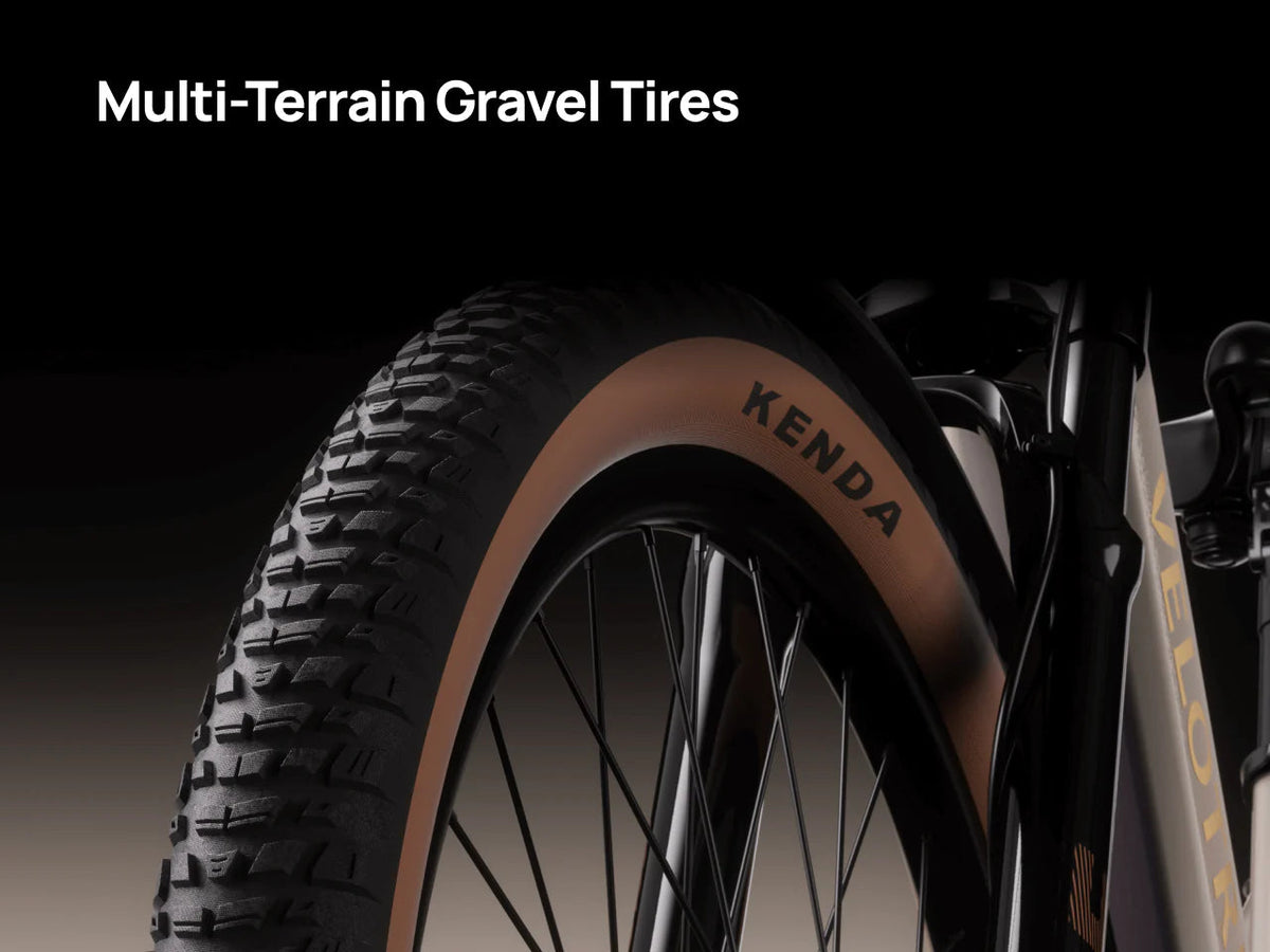 Kenda gravel tire on the Velotric Discover M, close-up (Velotric photo) — Zeus eBikes Canada