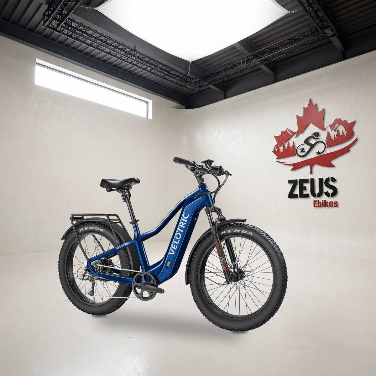 Velotric Nomad 2 fat-tire e-bike, High-Step frame in Midnight Blue: Velotric's own photo set in the Zeus eBikes studio — Zeus eBikes Canada