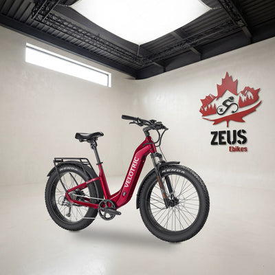 Velotric Nomad 2 fat-tire e-bike, Step-Thru frame in Cranberry: Velotric's own photo set in the Zeus eBikes studio — Zeus eBikes Canada