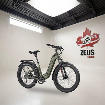 Velotric Nomad 2 fat-tire e-bike, Step-Thru frame in Olive: Velotric's own photo set in the Zeus eBikes studio — Zeus eBikes Canada