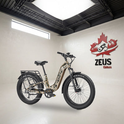 Velotric Nomad 2X full-suspension fat-tire e-bike, Step-Thru frame in Multi-Terrain Camo: Velotric's own photo set in the Zeus eBikes studio — Zeus eBikes Canada