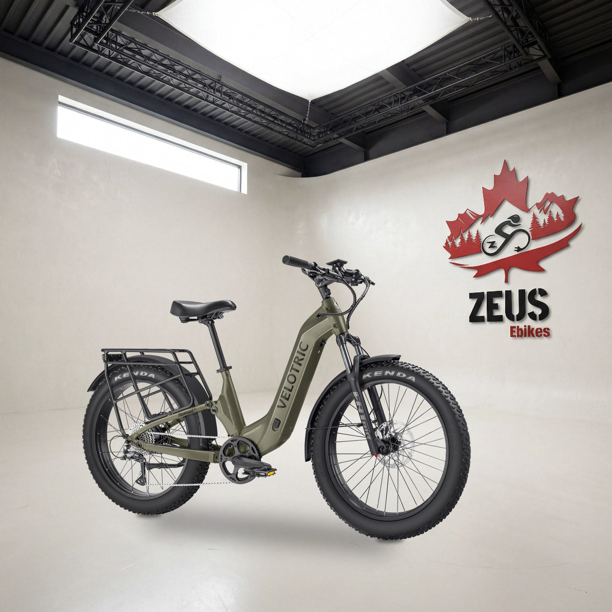 Velotric Nomad 2X full-suspension fat-tire e-bike, Step-Thru frame in Sage: Velotric's own photo set in the Zeus eBikes studio — Zeus eBikes Canada