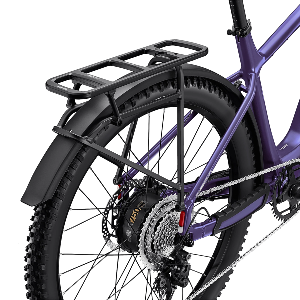 Velotric Summit 2 Modular Rear Rack fitted to a purple Velotric Summit 2 eBike, showing the MIK HD platform above the rear wheel