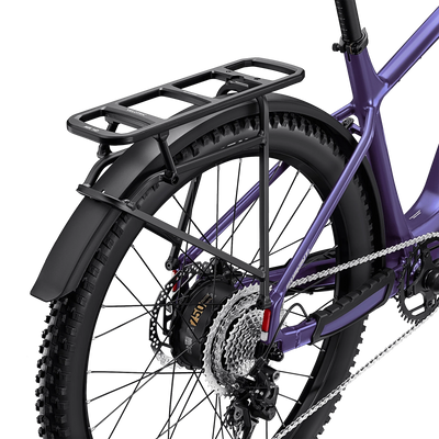 Velotric Summit 2 Modular Rear Rack fitted to a purple Velotric Summit 2 eBike, showing the MIK HD platform above the rear wheel