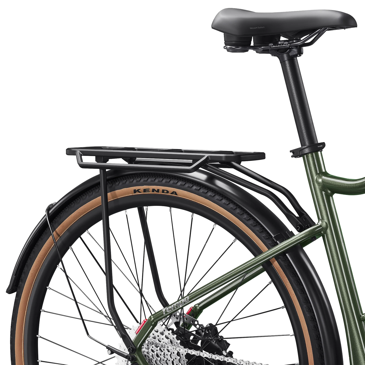 Velotric Tempo rear rack fitted to a green Velotric Tempo eBike above the rear wheel