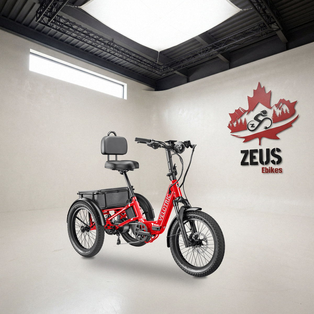 Velotric Triker electric trike in Cherry Crimson: Velotric's own photo set in the Zeus eBikes studio — Zeus eBikes Canada