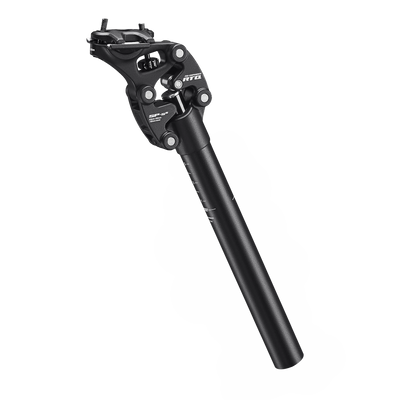 Close view of the Velotric Triker suspension seatpost clamp and suspension mechanism