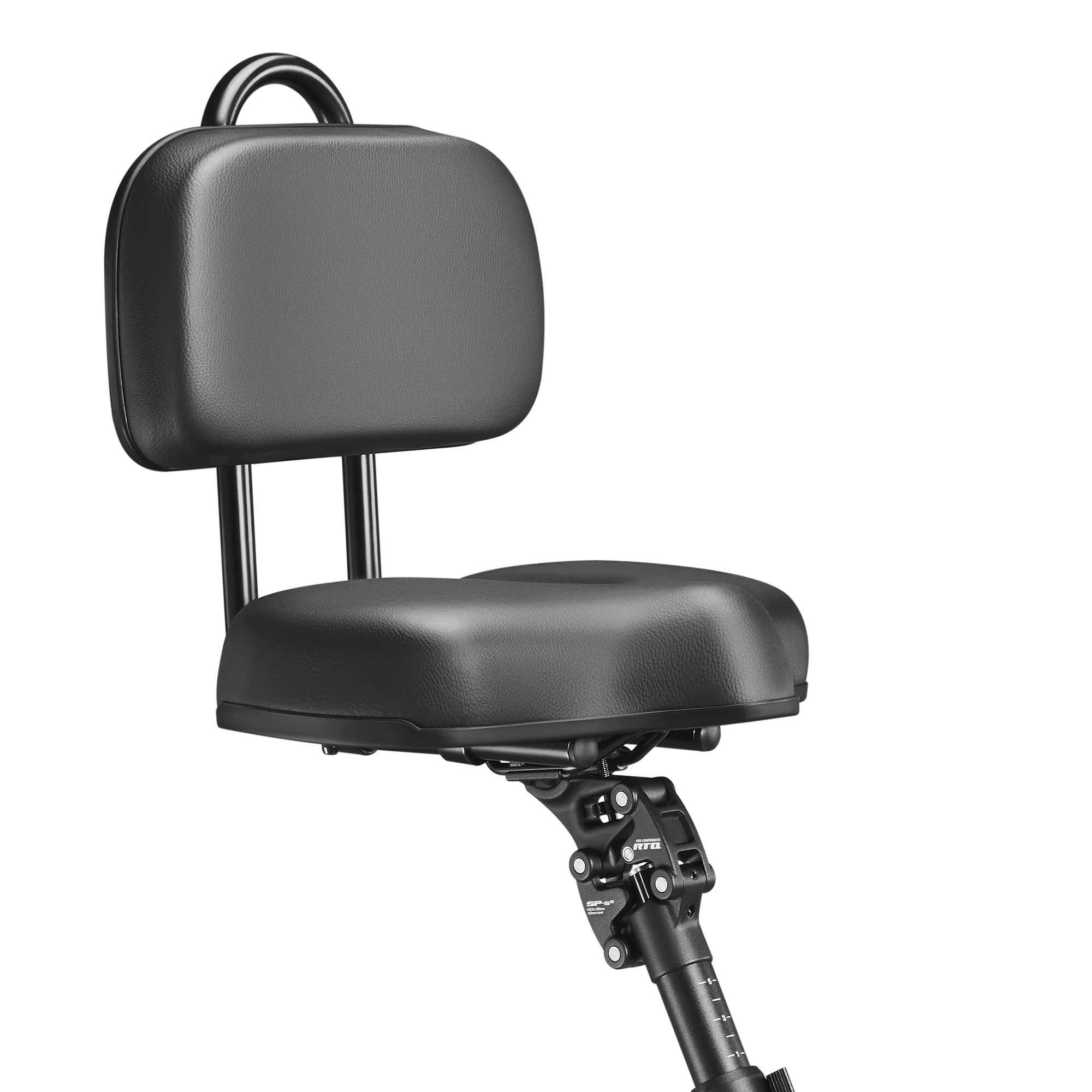 Velotric Triker suspension seatpost fitted on the trike beneath a padded saddle with backrest