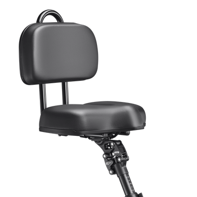 Velotric Triker suspension seatpost fitted on the trike beneath a padded saddle with backrest