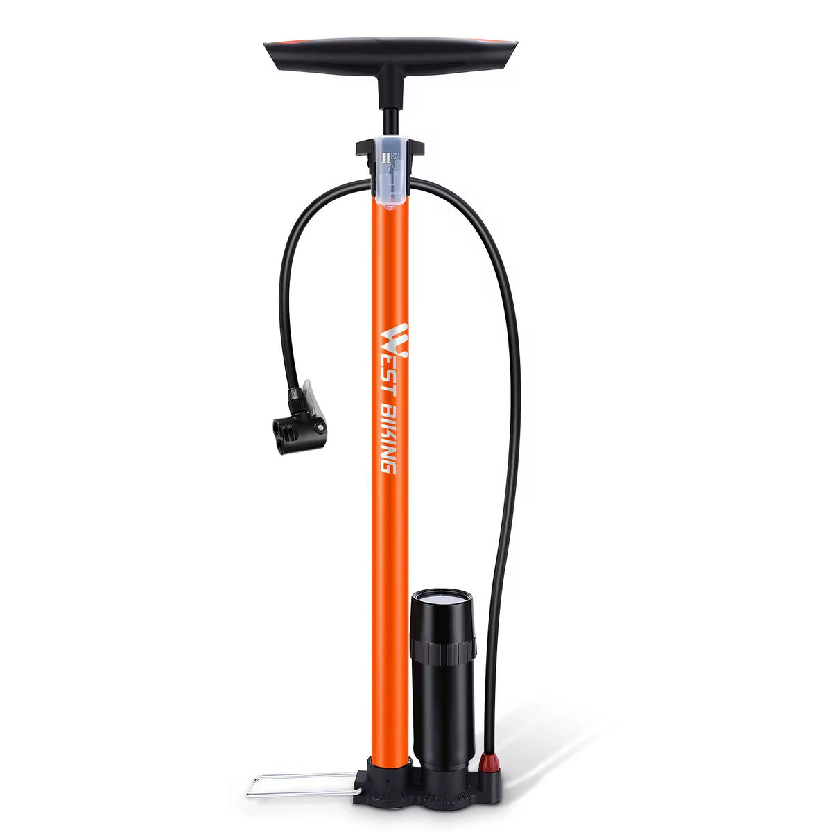 West Biking high-pressure bike floor pump, 160 PSI, orange aluminum barrel with T-handle, base-mounted pressure gauge and fold-out steel foot pedal
