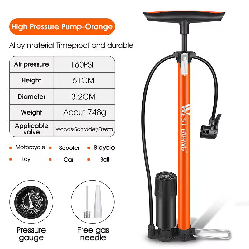West Biking floor pump specifications: 160 PSI, 61 cm height, 3.2 cm barrel diameter, about 748 g, Woods, Schrader and Presta valve compatibility