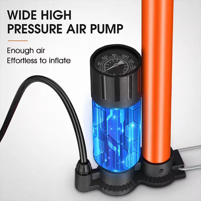 Close view of the wide high-pressure barrel and base-mounted analogue pressure gauge on the West Biking floor pump