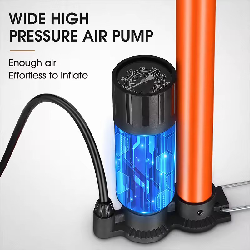 Close view of the wide high-pressure barrel and base-mounted analogue pressure gauge on the West Biking floor pump