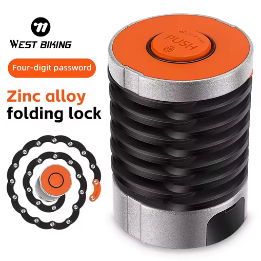 West Biking folding bike lock in orange, folded, with an inset of the lock unfolded; the supplier’s labels read Four-digit password and Zinc alloy folding lock — Zeus eBikes Canada