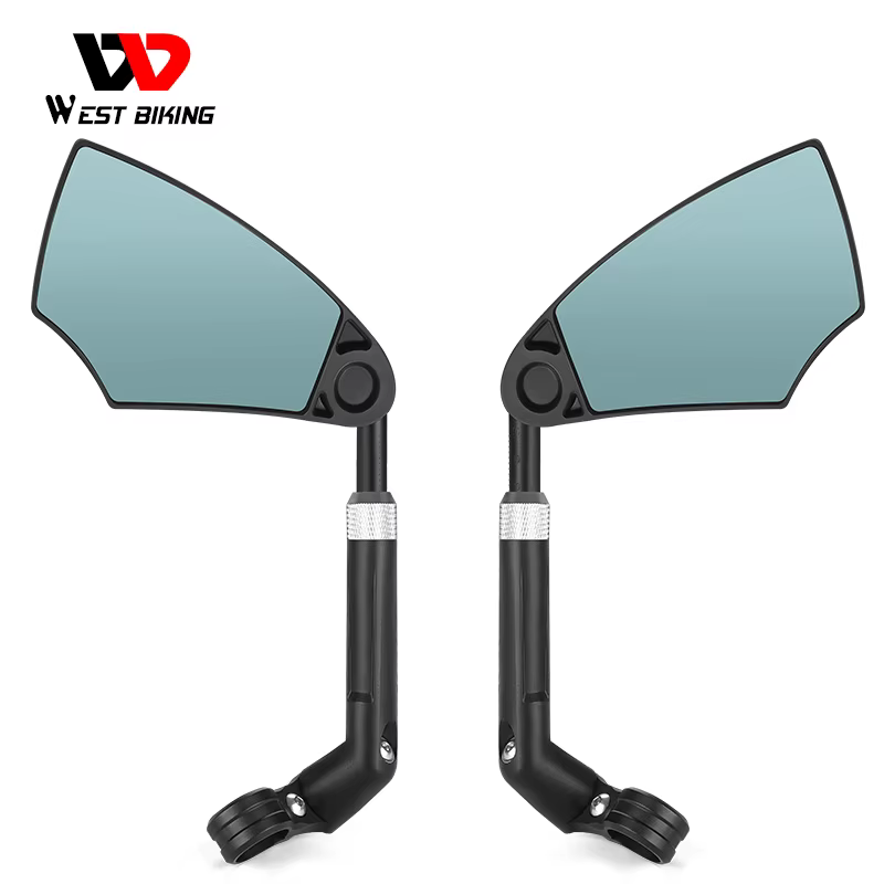 Pair of West Biking handlebar mirrors, left and right, each with a blue-tinted lens, a black telescoping stem and a clamp ring — Zeus eBikes Canada