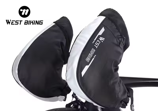 A pair of black West Biking handlebar mittens with light grey side panels, fitted over the ends of a road bike’s drop handlebar — Zeus eBikes Canada