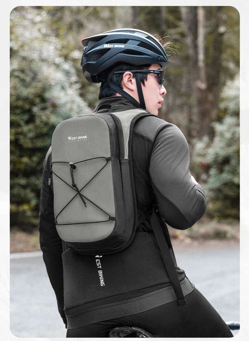 Cyclist in a helmet, seen from behind, wearing the West Biking hydration backpack in Black Grey — Zeus eBikes Canada