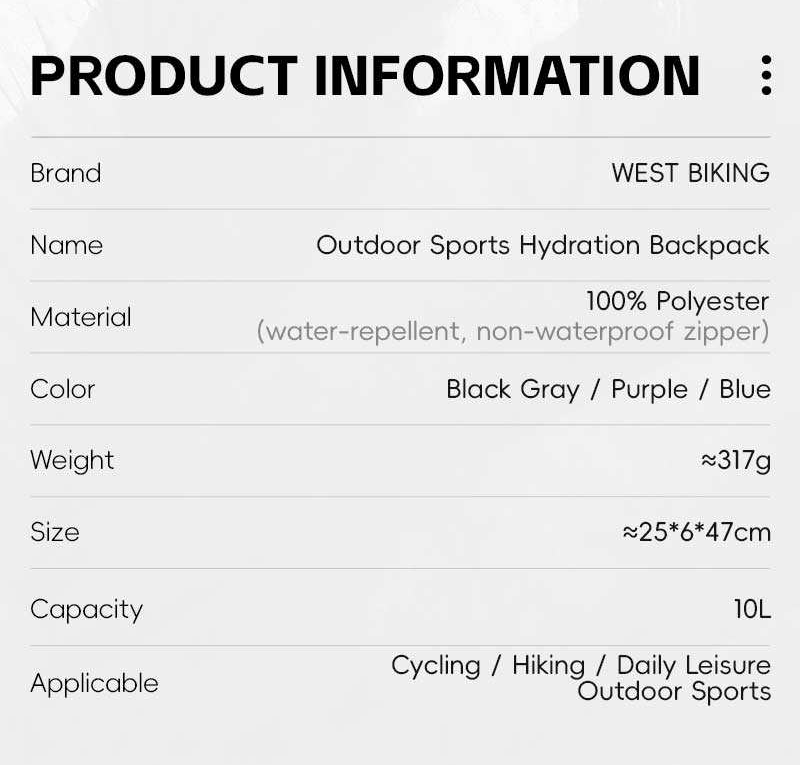 The supplier's product information table for the West Biking hydration backpack: 100% polyester, water-repellent with a non-waterproof zipper, about 317 g, about 25 by 6 by 47 cm, 10L — Zeus eBikes Canada