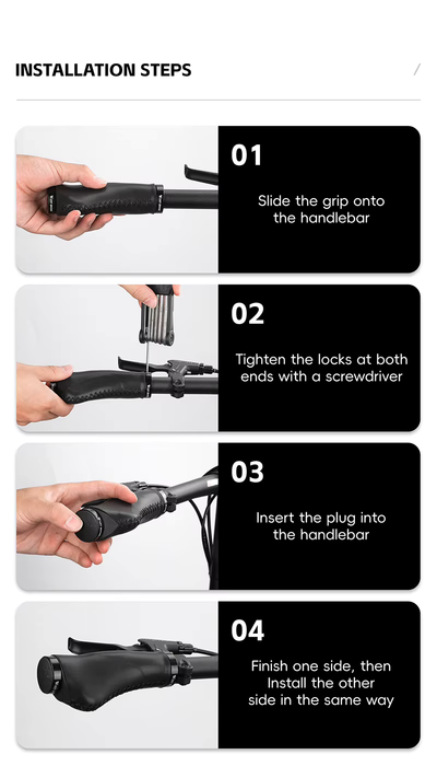 The supplier’s four installation steps: slide the grip on, tighten the locks at both ends, insert the plug, then do the other side — Zeus eBikes Canada